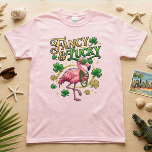 Fancy & Lucky Shamrock Flamingo St. Patrick's Day T-Shirt - Irish Party Tee for Women - FlamingoAholic
