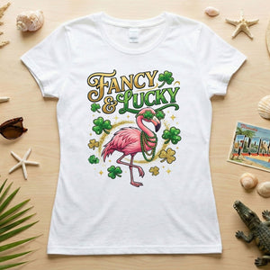 Fancy & Lucky Shamrock Flamingo St. Patrick's Day T-Shirt - Irish Party Tee for Women - FlamingoAholic