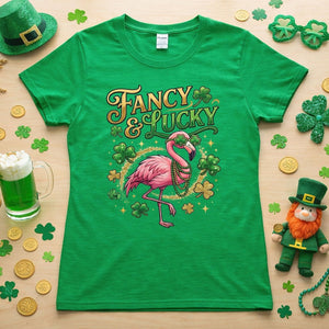 Fancy & Lucky Shamrock Flamingo St. Patrick's Day T-Shirt - Irish Party Tee for Women - FlamingoAholic