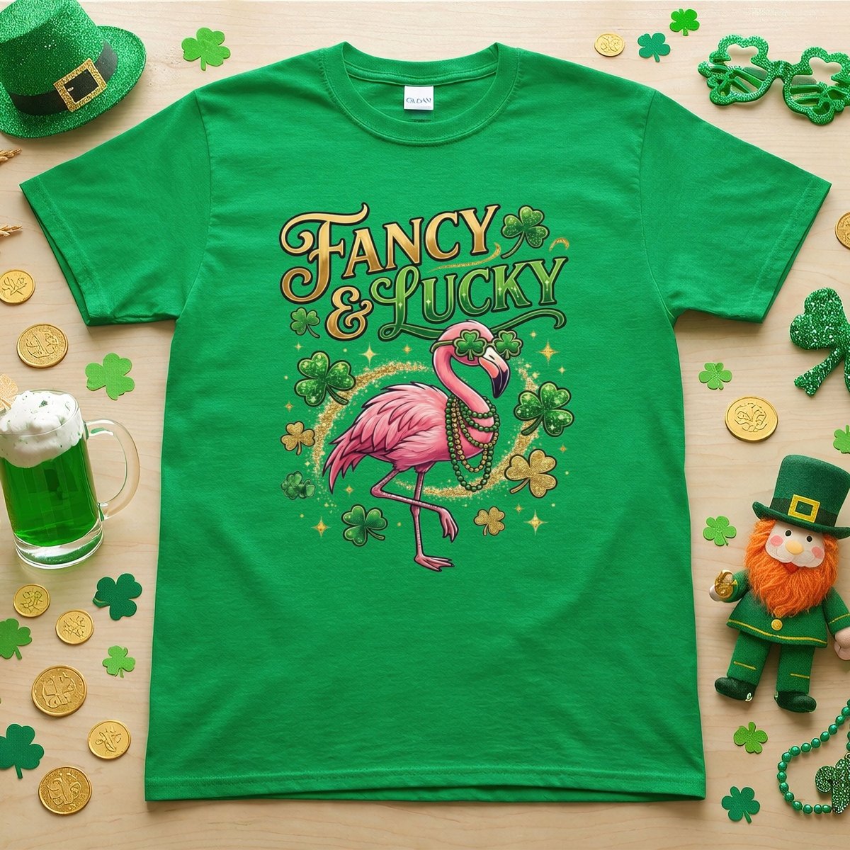 Fancy & Lucky Shamrock Flamingo St. Patrick's Day T-Shirt - Irish Party Tee for Women - FlamingoAholic