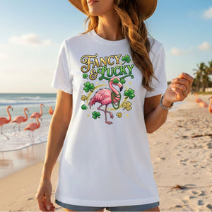 Fancy & Lucky Shamrock Flamingo St. Patrick's Day T-Shirt - Irish Party Tee for Women - FlamingoAholic