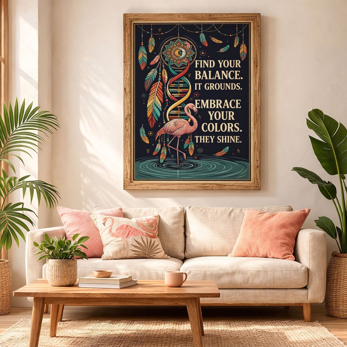 Find Your Balance Flamingo Poster – Boho Spiritual Wall Art - FlamingoAholic