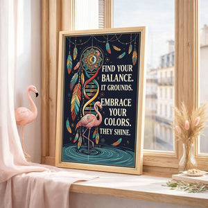 Find Your Balance Flamingo Poster – Boho Spiritual Wall Art - FlamingoAholic