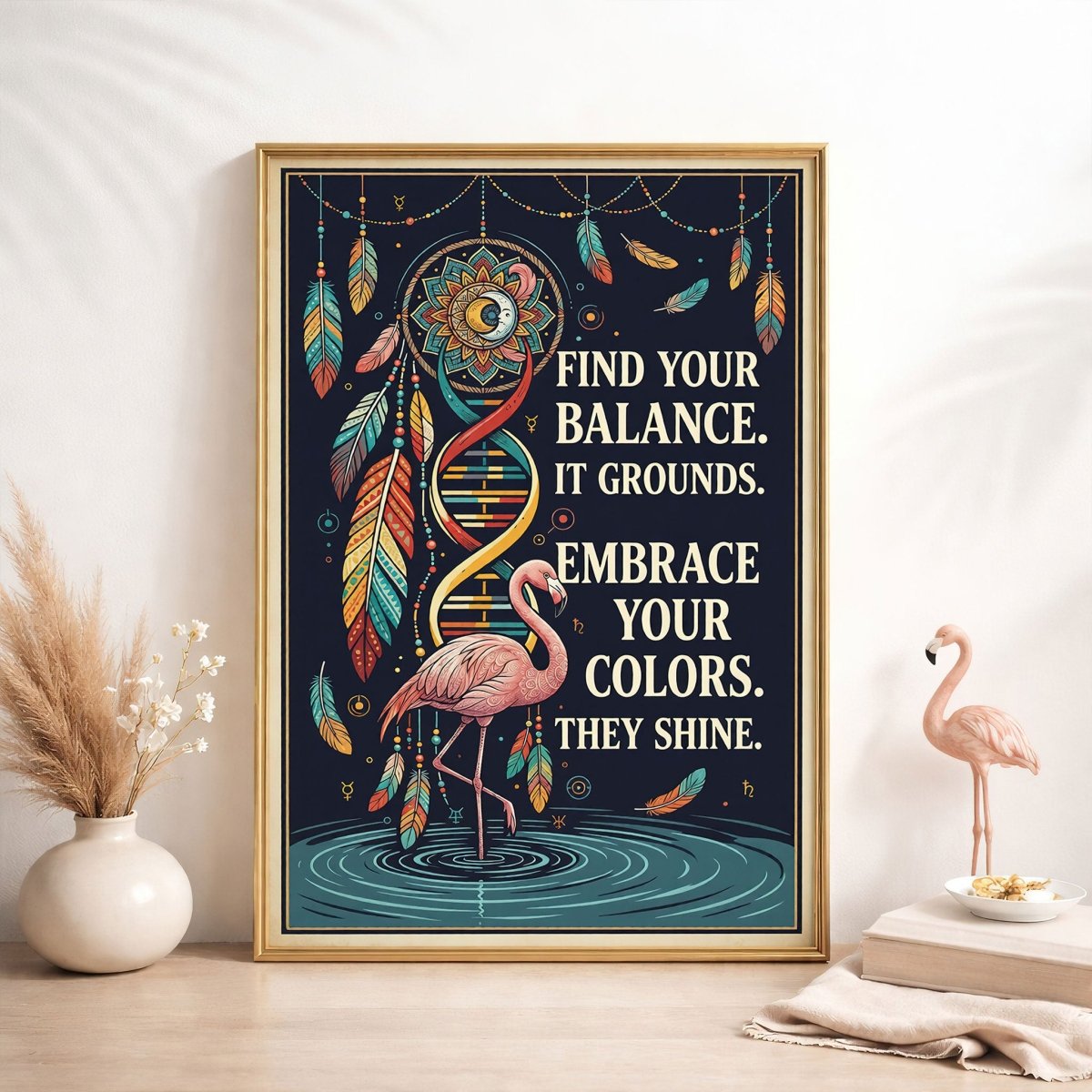 Find Your Balance Flamingo Poster – Boho Spiritual Wall Art - FlamingoAholic
