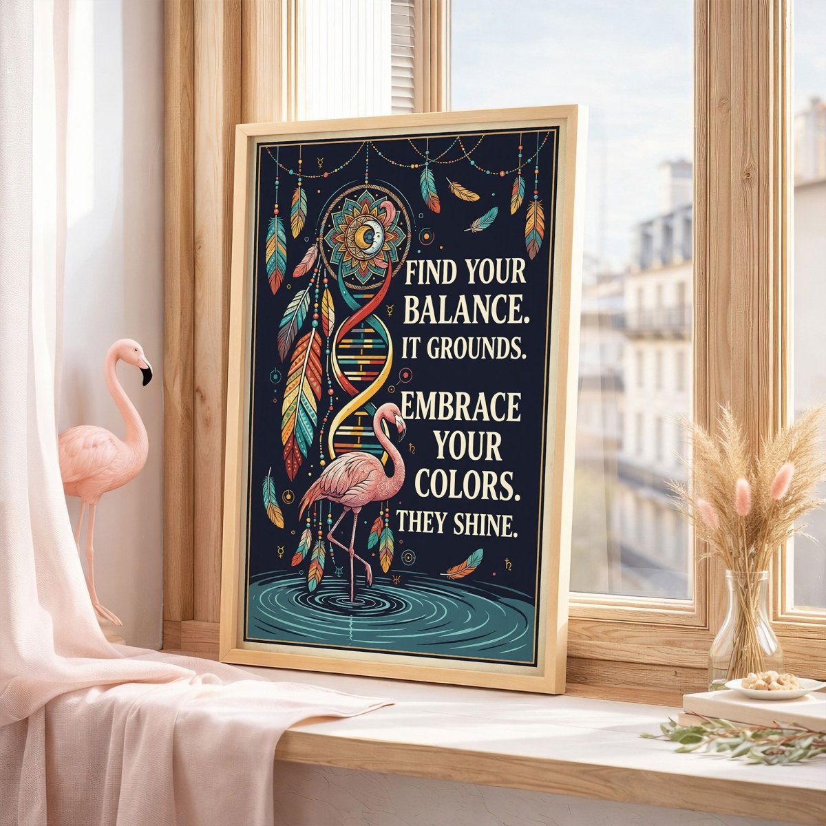 Find Your Balance Flamingo Poster – Boho Spiritual Wall Art - FlamingoAholic