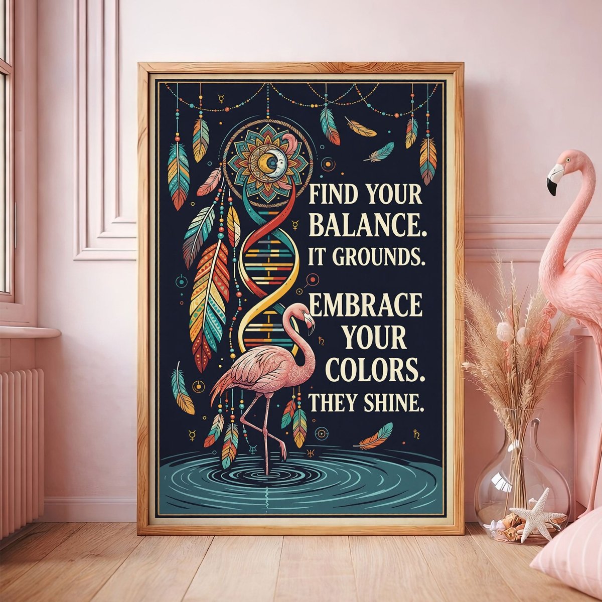 Find Your Balance Flamingo Poster – Boho Spiritual Wall Art - FlamingoAholic