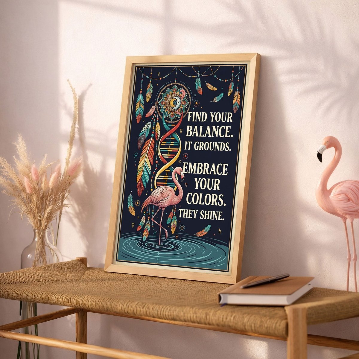 Find Your Balance Flamingo Poster – Boho Spiritual Wall Art - FlamingoAholic