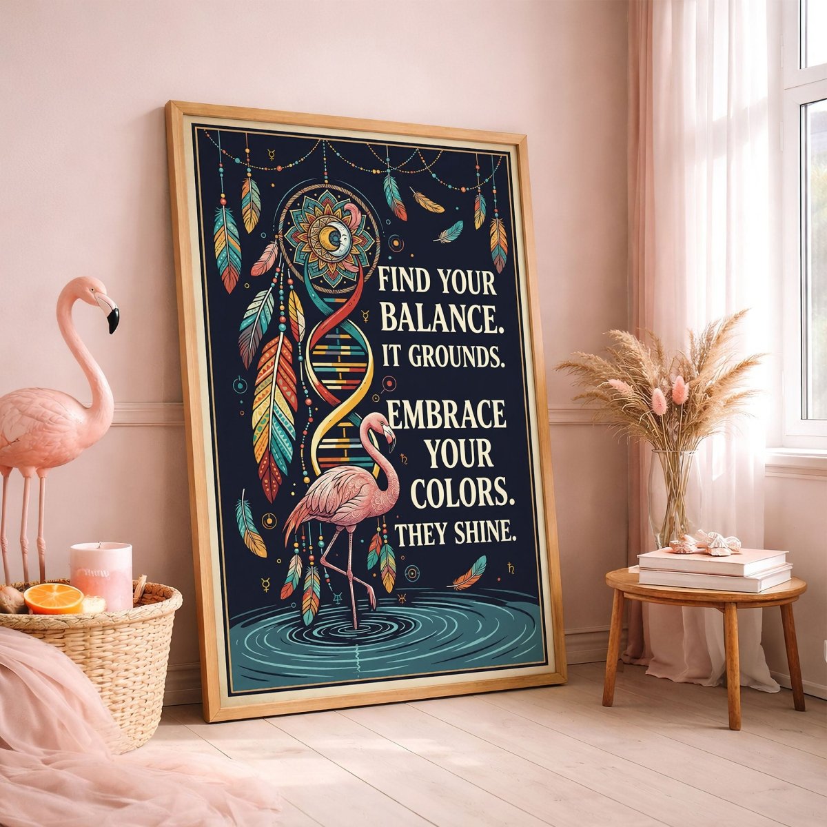 Find Your Balance Flamingo Poster – Boho Spiritual Wall Art - FlamingoAholic
