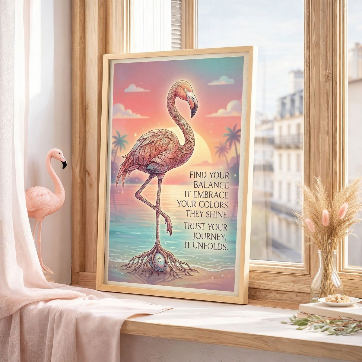 Find Your Balance Flamingo Sunset Poster – Spiritual Tropical Wall Art - FlamingoAholic