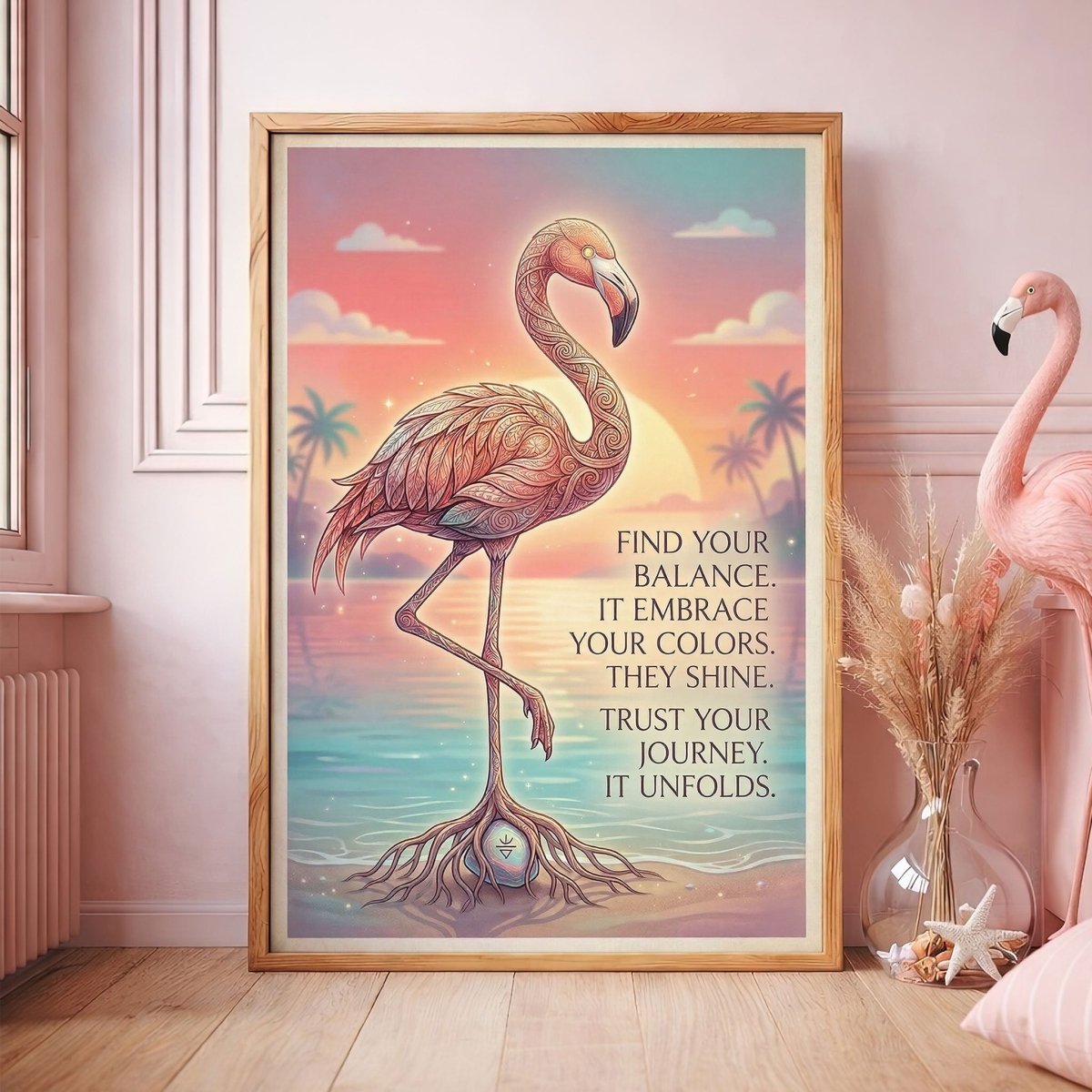 Find Your Balance Flamingo Sunset Poster – Spiritual Tropical Wall Art - FlamingoAholic