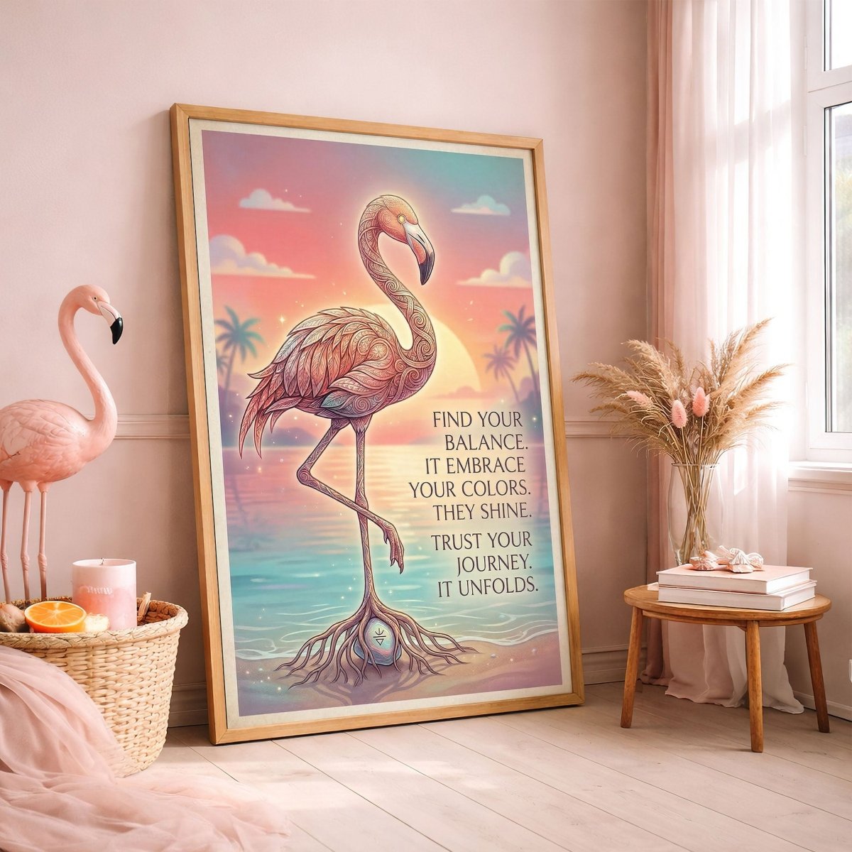 Find Your Balance Flamingo Sunset Poster – Spiritual Tropical Wall Art - FlamingoAholic