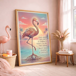 Find Your Balance Flamingo Sunset Poster – Spiritual Tropical Wall Art - FlamingoAholic
