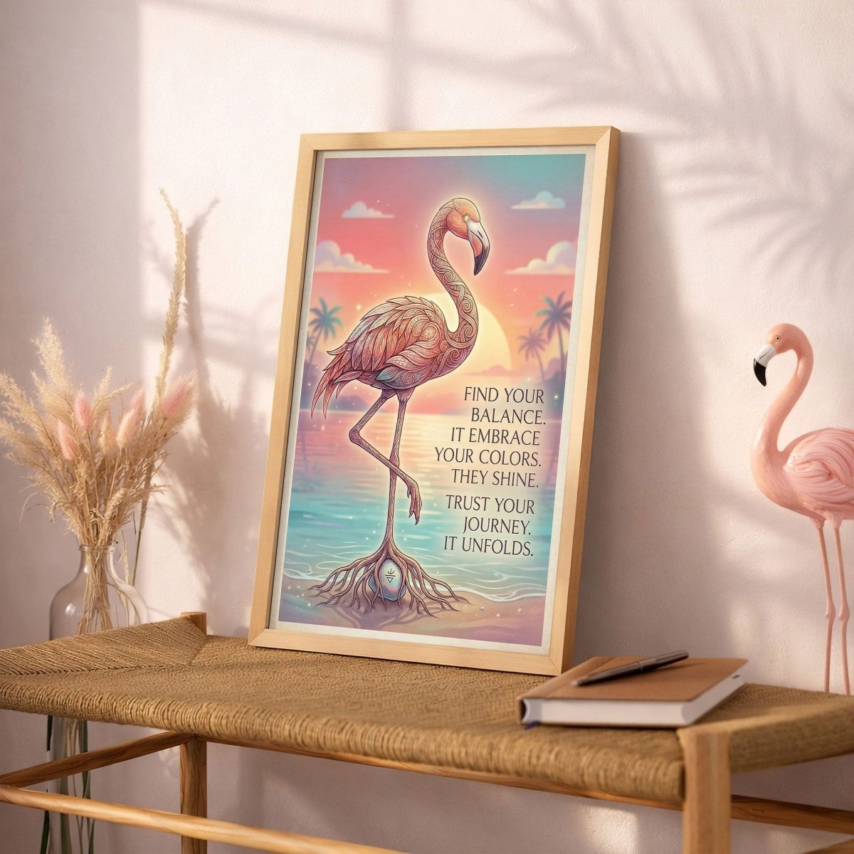 Find Your Balance Flamingo Sunset Poster – Spiritual Tropical Wall Art - FlamingoAholic