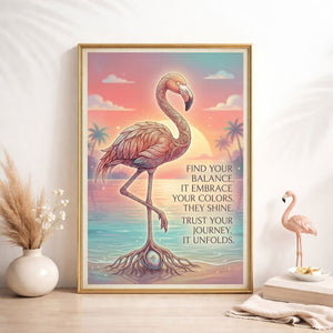 Find Your Balance Flamingo Sunset Poster – Spiritual Tropical Wall Art - FlamingoAholic