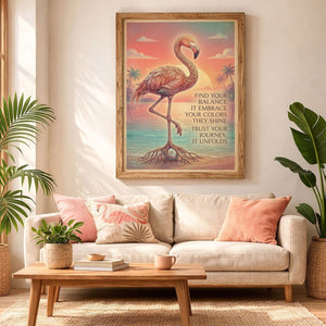 Find Your Balance Flamingo Sunset Poster – Spiritual Tropical Wall Art - FlamingoAholic