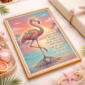 Find Your Balance Flamingo Sunset Poster – Spiritual Tropical Wall Art - FlamingoAholic