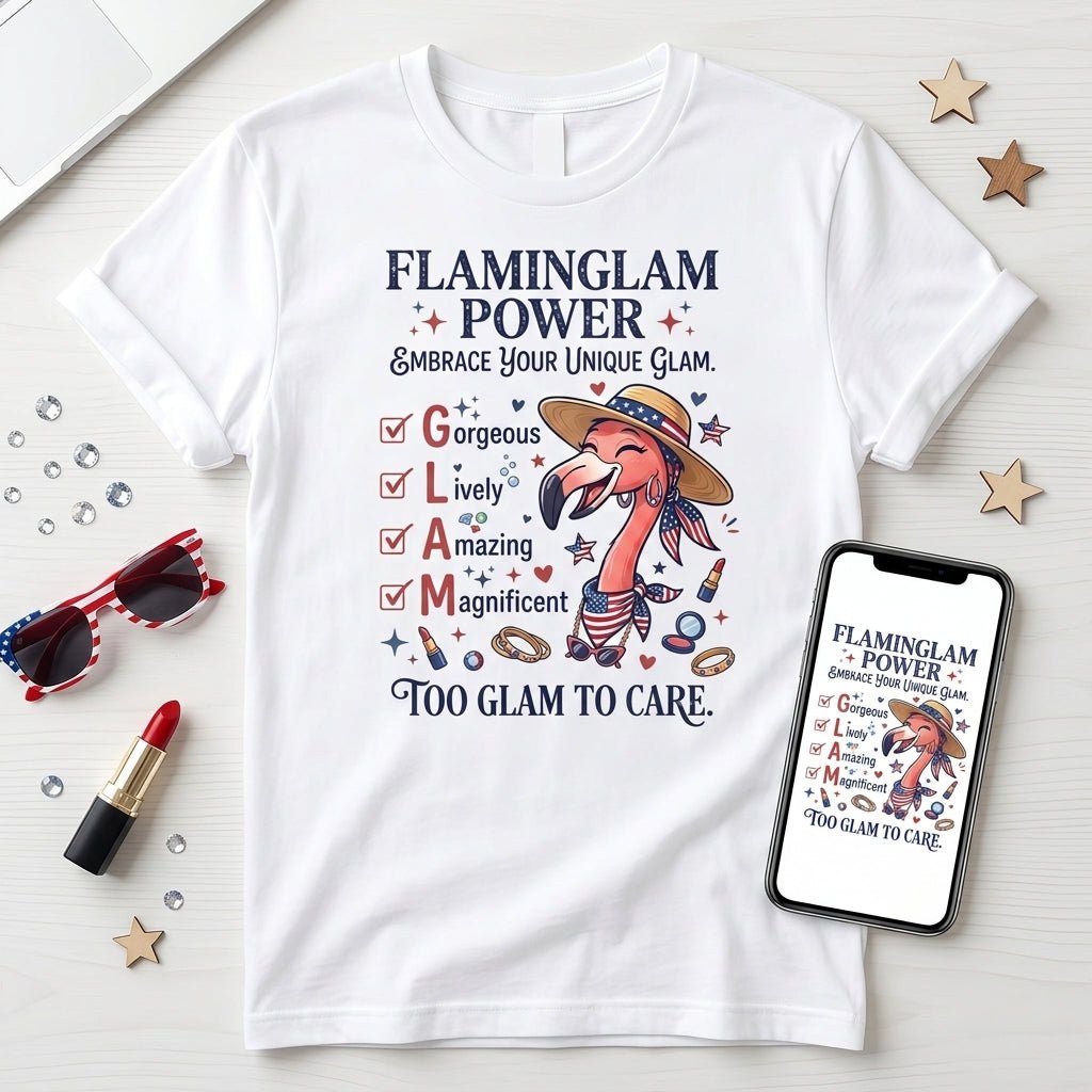 Flaminglam Power Embrace Your Unique Glam Too Glam To Care Flamingo Shirt - FlamingoAholic