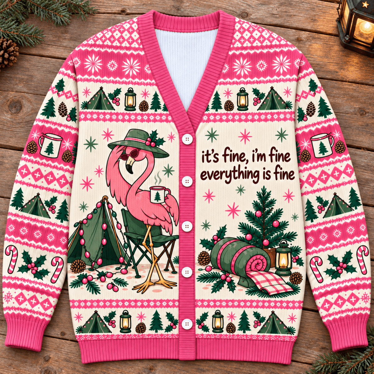 Flamingo Camping Christmas Knitted Sweater & Cardigan – It's Fine - FlamingoAholic