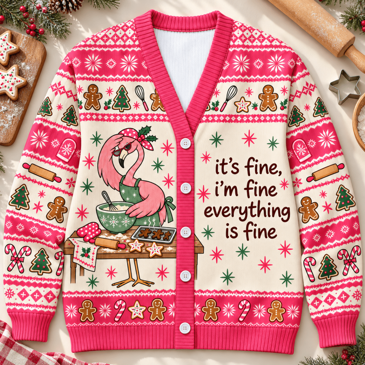 Flamingo Christmas Baking Knitted Sweater & Cardigan – It's Fine - FlamingoAholic