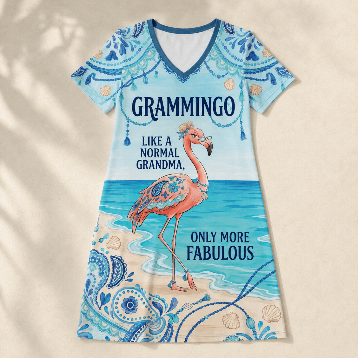 Flamingo Dress for Women, Grammingo Grandma V-Neck Dress, Funny Grandma Gift, Coastal Beach Dress - FlamingoAholic