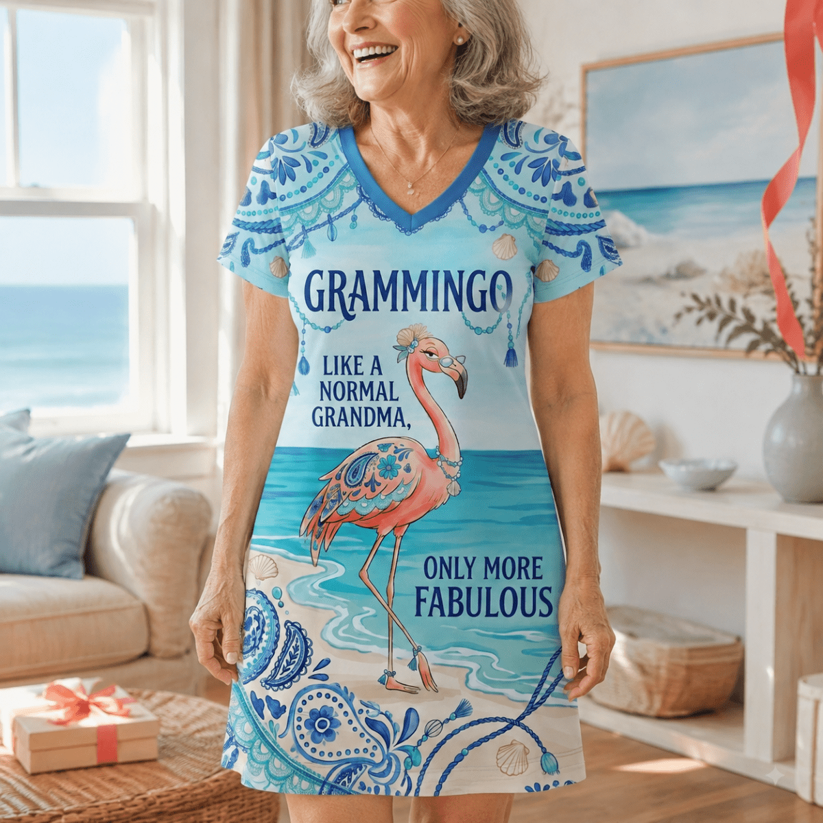 Flamingo Dress for Women, Grammingo Grandma V-Neck Dress, Funny Grandma Gift, Coastal Beach Dress - FlamingoAholic