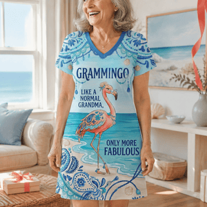 Flamingo Dress for Women, Grammingo Grandma V-Neck Dress, Funny Grandma Gift, Coastal Beach Dress - FlamingoAholic