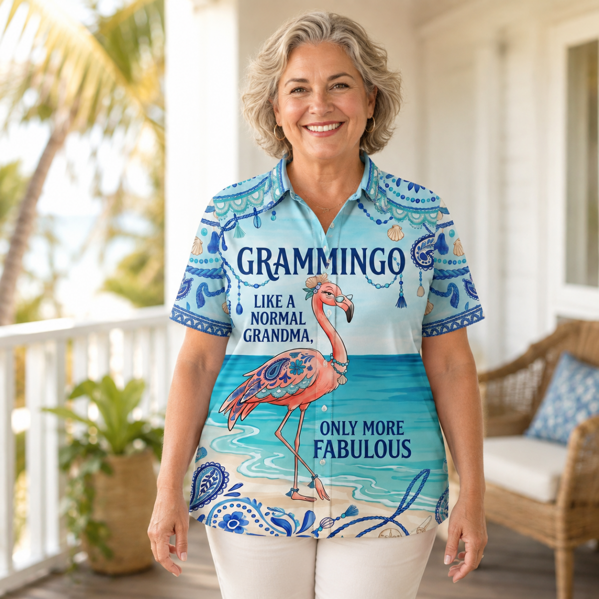 Flamingo Hawaiian Shirt for Women, Grammingo Grandma Tropical Beach Vacation Shirt - FlamingoAholic