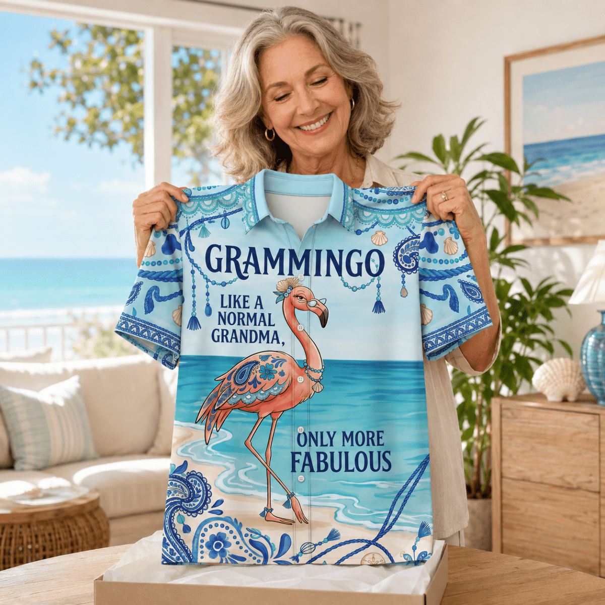 Flamingo Hawaiian Shirt for Women, Grammingo Grandma Tropical Beach Vacation Shirt - FlamingoAholic