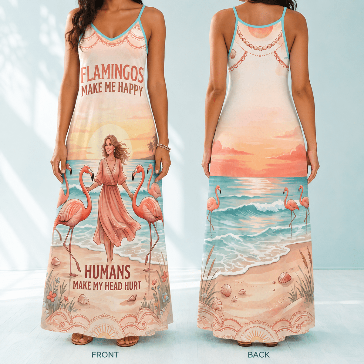 Flamingo Maxi Dress for Women, Tropical Beach Dress, Funny Flamingo Vacation Dress, Flowy Coastal Summer Dress - FlamingoAholic