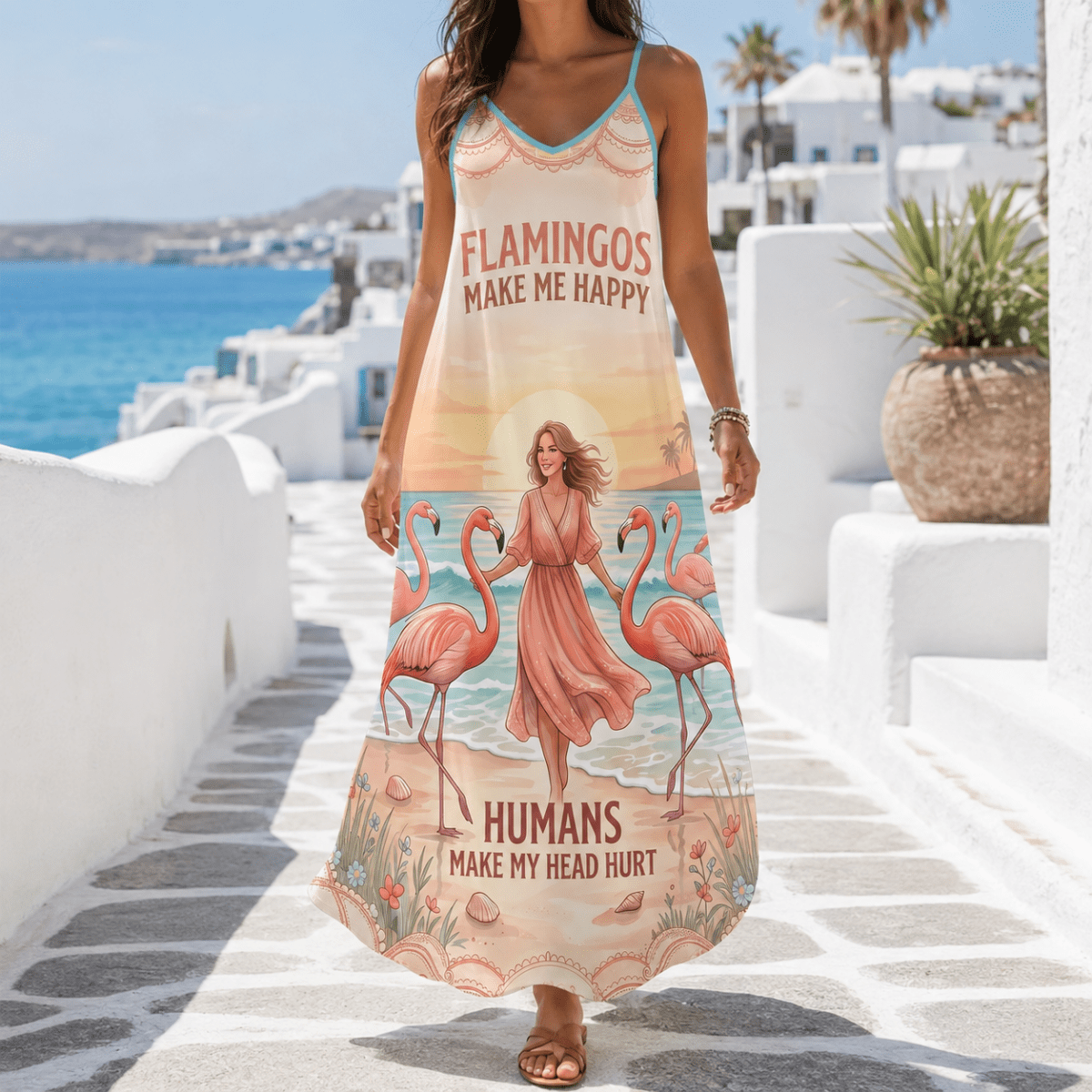 Flamingo Maxi Dress for Women, Tropical Beach Dress, Funny Flamingo Vacation Dress, Flowy Coastal Summer Dress - FlamingoAholic