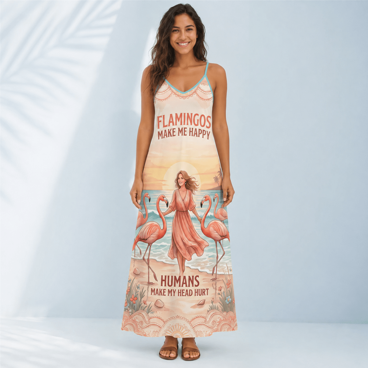 Flamingo Maxi Dress for Women, Tropical Beach Dress, Funny Flamingo Vacation Dress, Flowy Coastal Summer Dress - FlamingoAholic