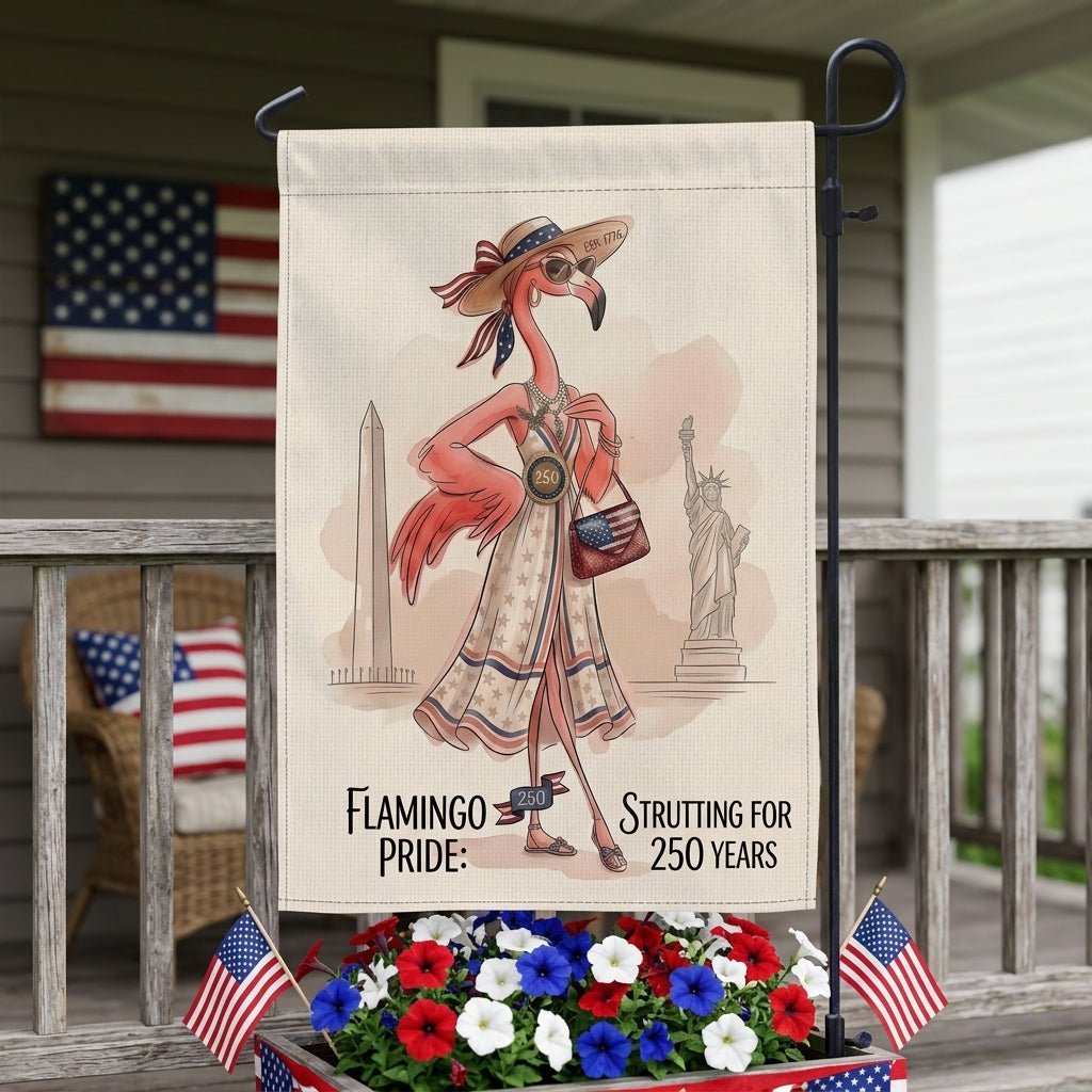 Flamingo Pride Strutting for 250 Years July 4th Garden Flag - FlamingoAholic