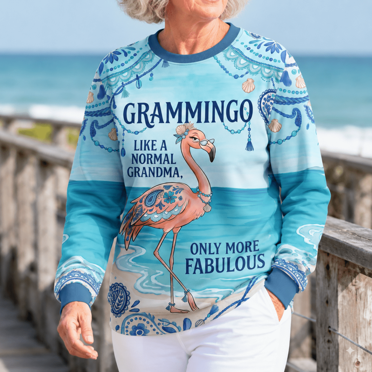Flamingo Sweater for Women, Grammingo Grandma Sweater, Funny Flamingo Coastal Pullover - FlamingoAholic