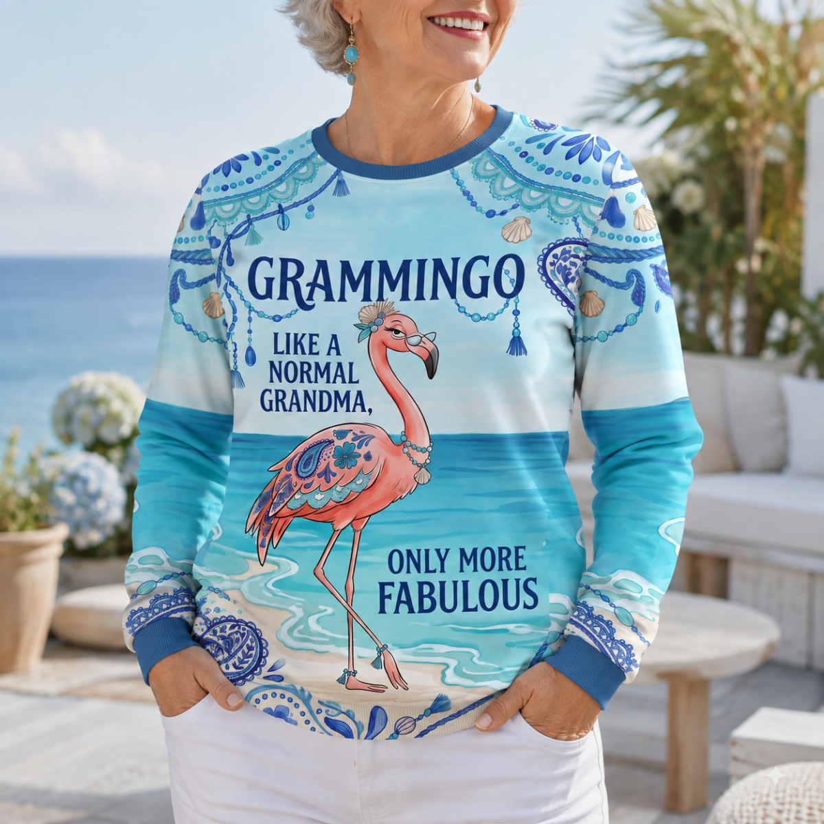 Flamingo Sweater for Women, Grammingo Grandma Sweater, Funny Flamingo Coastal Pullover - FlamingoAholic