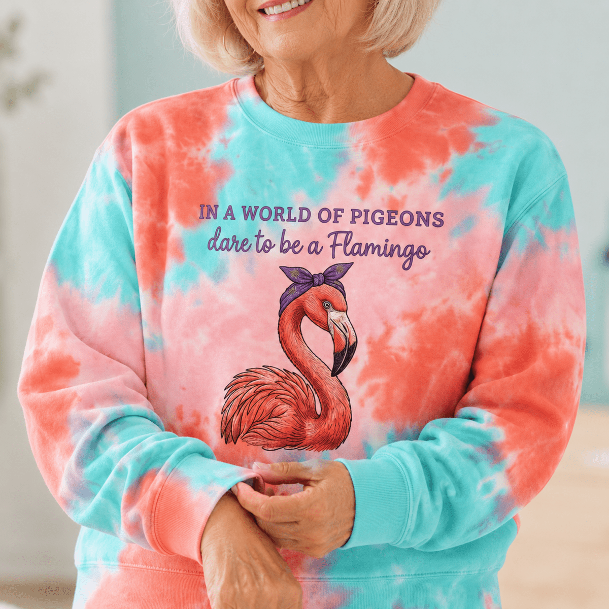 Flamingo Sweatshirt for Women, Colorful Tie Dye AOP Unisex Sweatshirt, Dare To Be A Flamingo Gift - FlamingoAholic