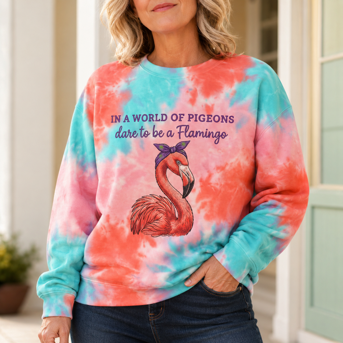 Flamingo Sweatshirt for Women, Colorful Tie Dye AOP Unisex Sweatshirt, Dare To Be A Flamingo Gift - FlamingoAholic