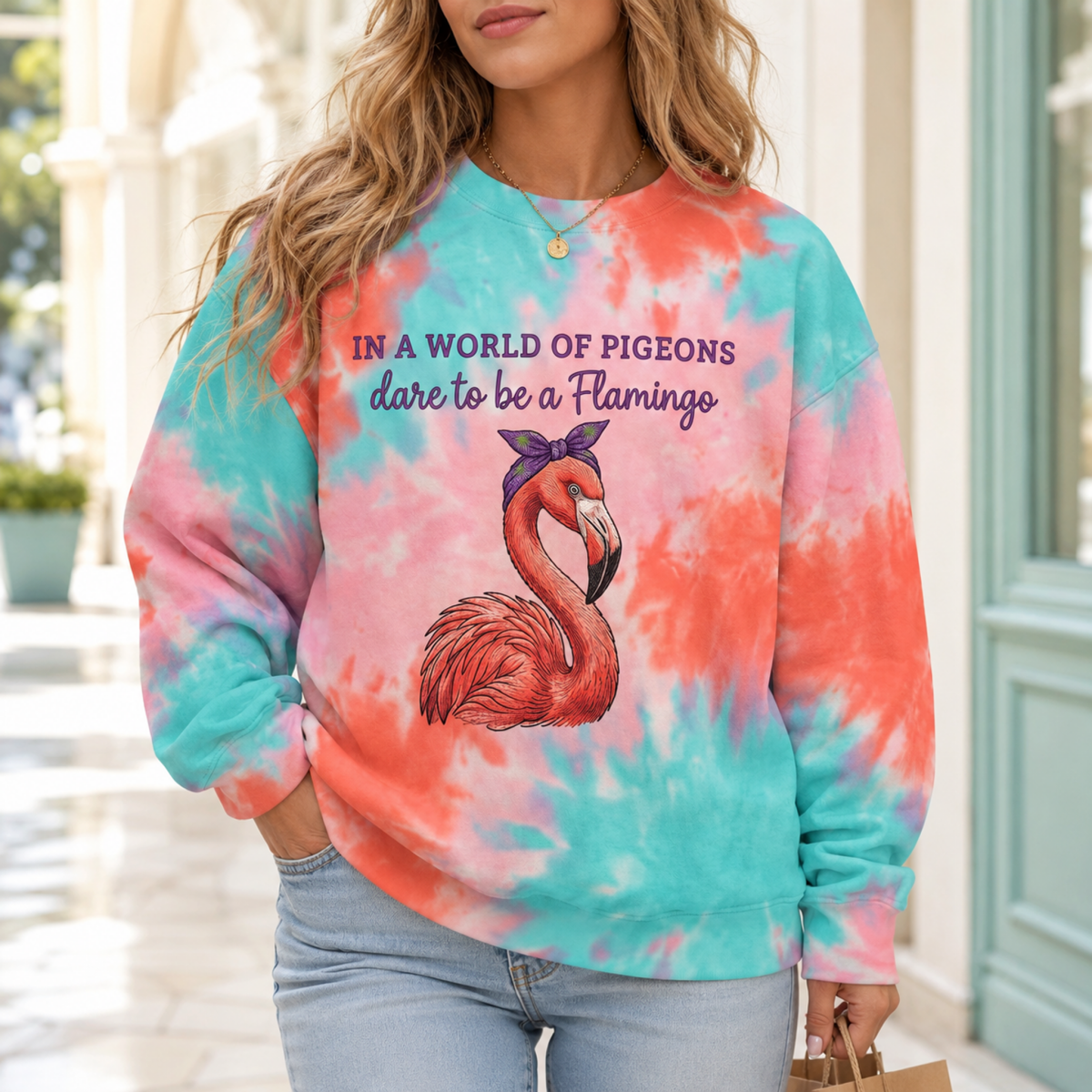 Flamingo Sweatshirt for Women, Colorful Tie Dye AOP Unisex Sweatshirt, Dare To Be A Flamingo Gift - FlamingoAholic