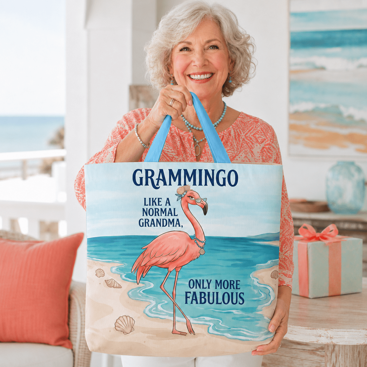 Flamingo Tote Bag for Grandma, Grammingo Funny Grandma Gift, Coastal Beach Tote Bag for Women - FlamingoAholic