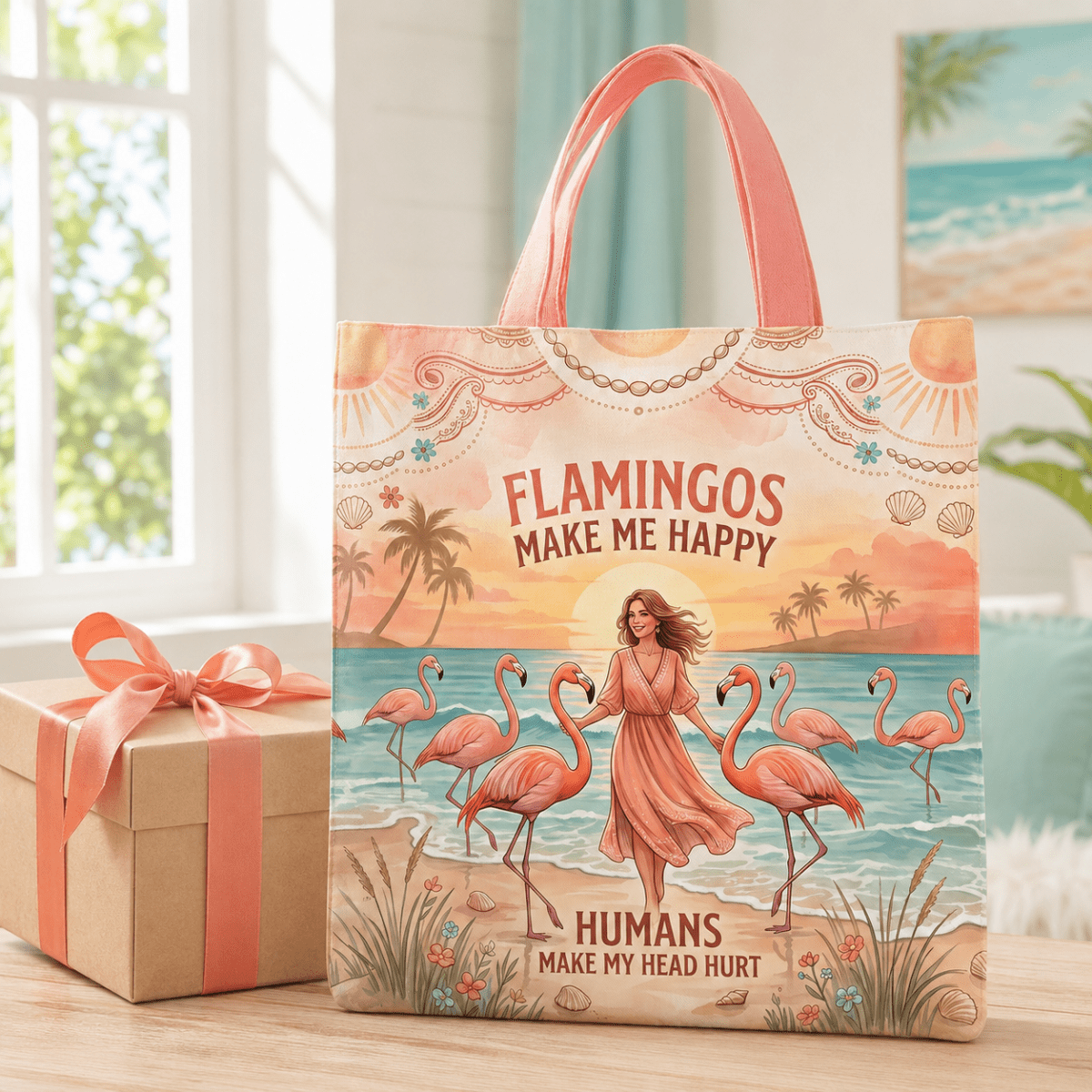 Flamingo Tote Bag for Women, Tropical Beach Bag, Pink Flamingo Canvas Tote, Funny Beach Lover Gift, Coastal Summer Bag - FlamingoAholic