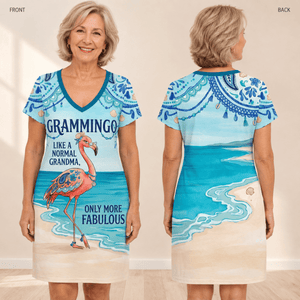 Flamingo V-Neck Dress for Women, Grammingo Grandma Beach Dress, Funny Flamingo Summer Dress - FlamingoAholic