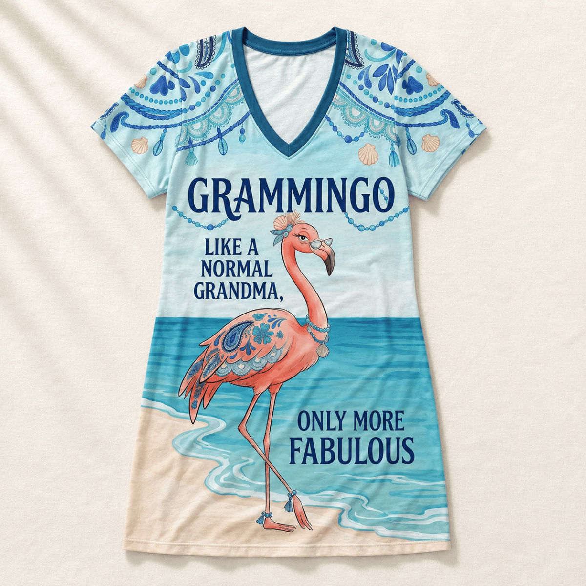 Flamingo V-Neck Dress for Women, Grammingo Grandma Beach Dress, Funny Flamingo Summer Dress - FlamingoAholic