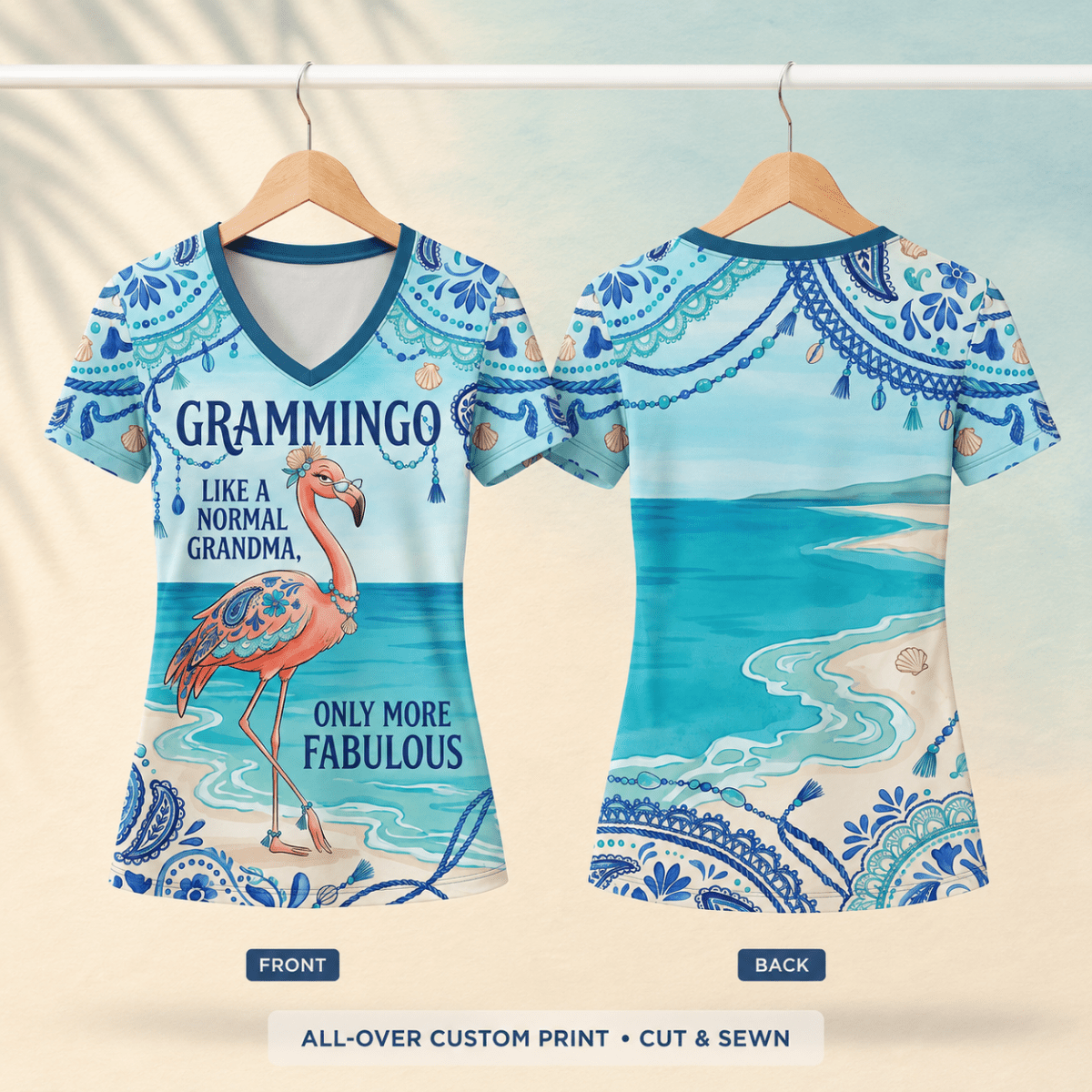 Flamingo V-Neck Shirt for Grandma, Grammingo Funny Grandma T-Shirt, All-Over Print Coastal Flamingo Shirt for Women - FlamingoAholic
