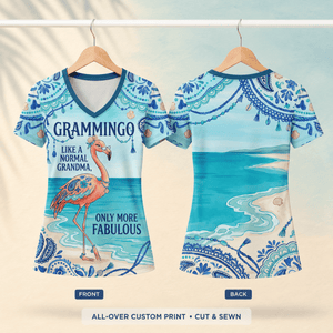 Flamingo V-Neck Shirt for Grandma, Grammingo Funny Grandma T-Shirt, All-Over Print Coastal Flamingo Shirt for Women - FlamingoAholic