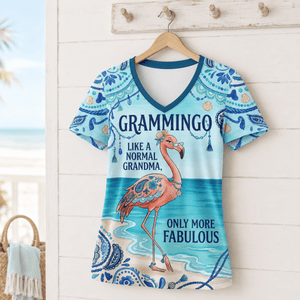 Flamingo V-Neck Shirt for Grandma, Grammingo Funny Grandma T-Shirt, All-Over Print Coastal Flamingo Shirt for Women - FlamingoAholic