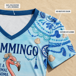 Flamingo V-Neck Shirt for Grandma, Grammingo Funny Grandma T-Shirt, All-Over Print Coastal Flamingo Shirt for Women - FlamingoAholic