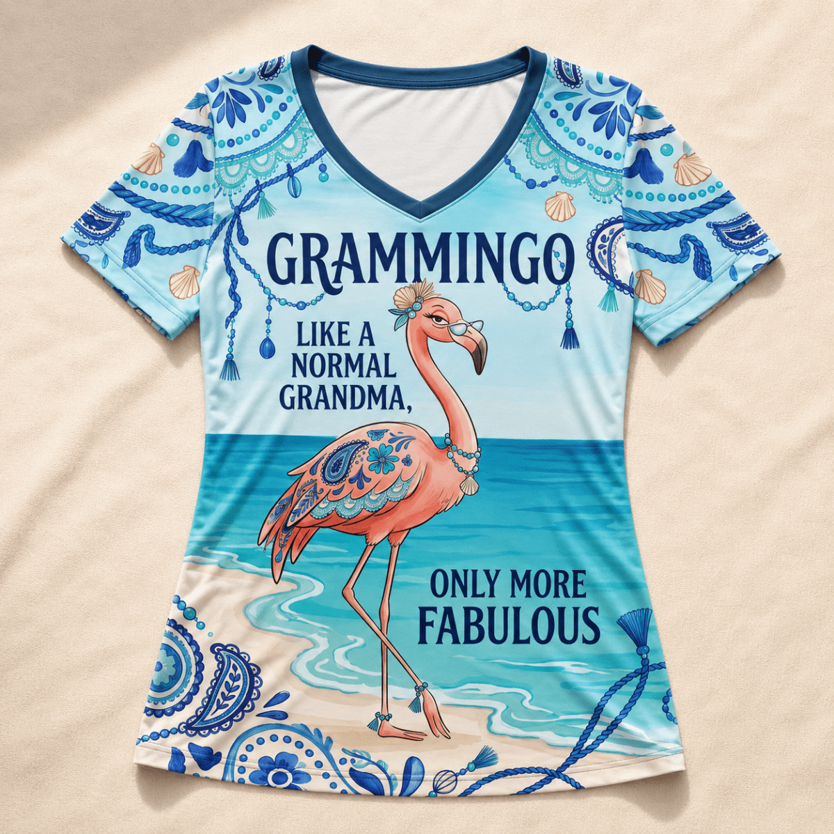 Flamingo V-Neck Shirt for Grandma, Grammingo Funny Grandma T-Shirt, All-Over Print Coastal Flamingo Shirt for Women - FlamingoAholic