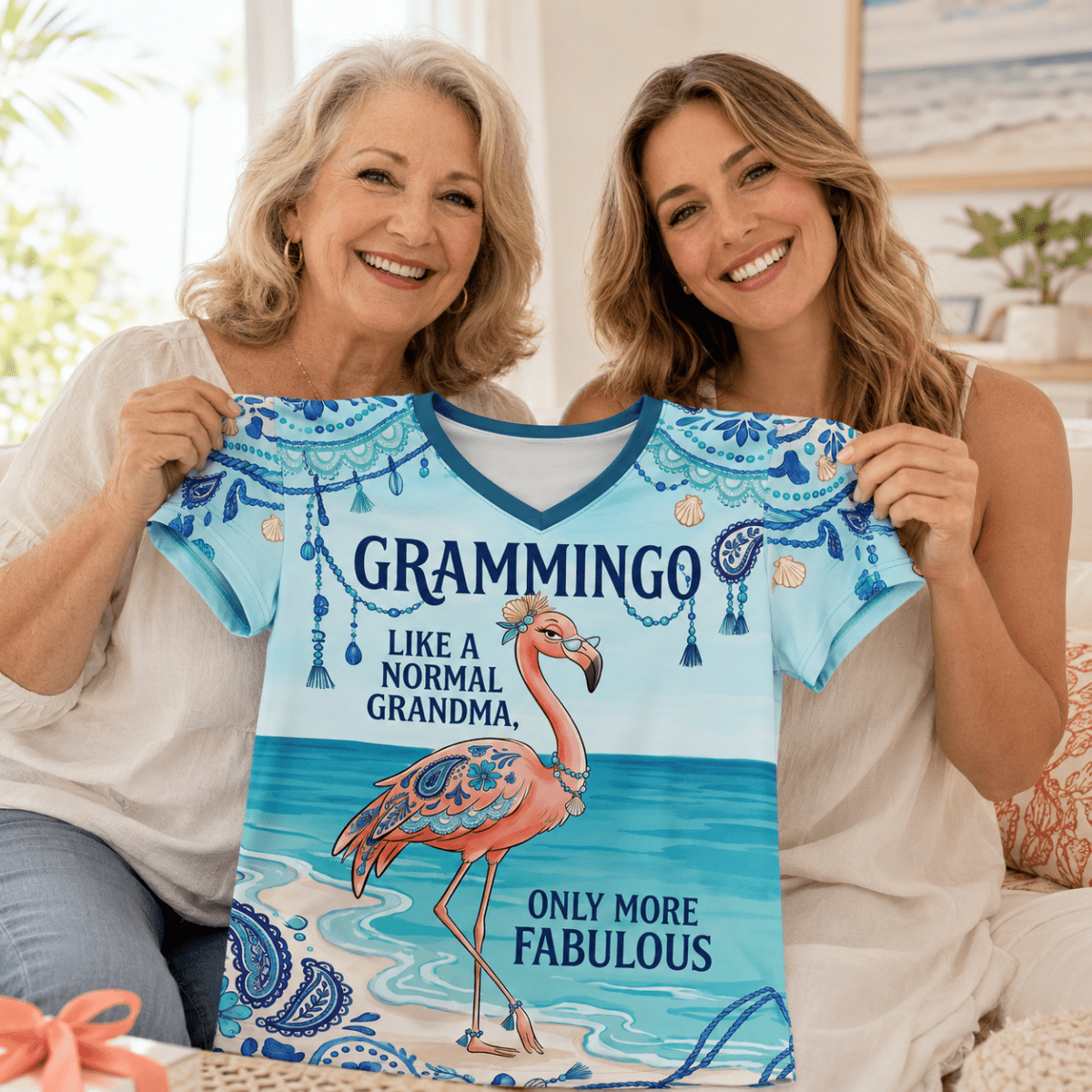 Flamingo V-Neck Shirt for Grandma, Grammingo Funny Grandma T-Shirt, All-Over Print Coastal Flamingo Shirt for Women - FlamingoAholic