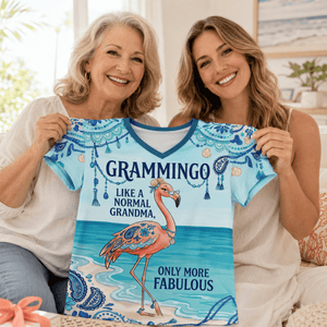 Flamingo V-Neck Shirt for Grandma, Grammingo Funny Grandma T-Shirt, All-Over Print Coastal Flamingo Shirt for Women - FlamingoAholic
