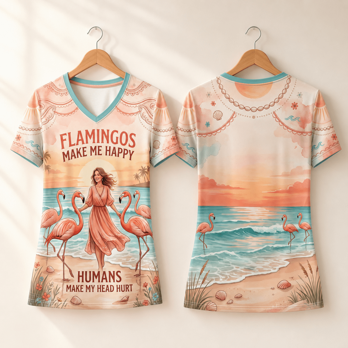 Flamingo V-Neck Shirt for Women, Tropical Beach T-Shirt, Pink Flamingo Tee, Funny Coastal Summer Shirt, Flamingo Lover Gift - FlamingoAholic