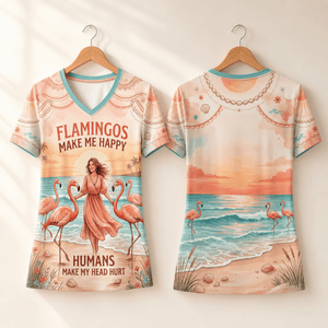 Flamingo V-Neck Shirt for Women, Tropical Beach T-Shirt, Pink Flamingo Tee, Funny Coastal Summer Shirt, Flamingo Lover Gift - FlamingoAholic